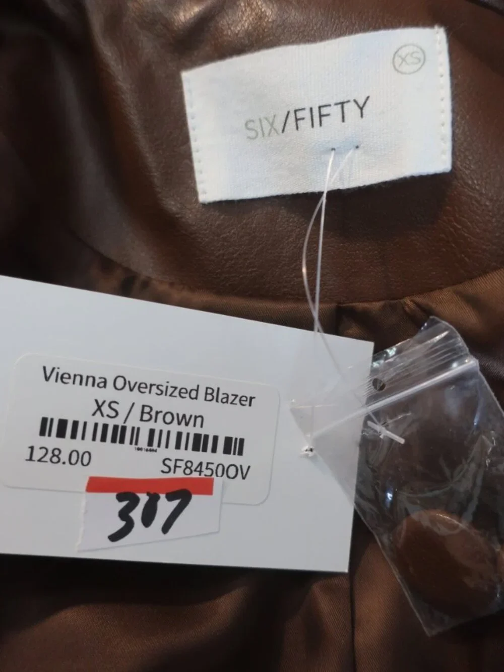 NWT Womens Six/Fifty Brown (Item-307) PU Faux Leather Vienna Oversized Blazer XS